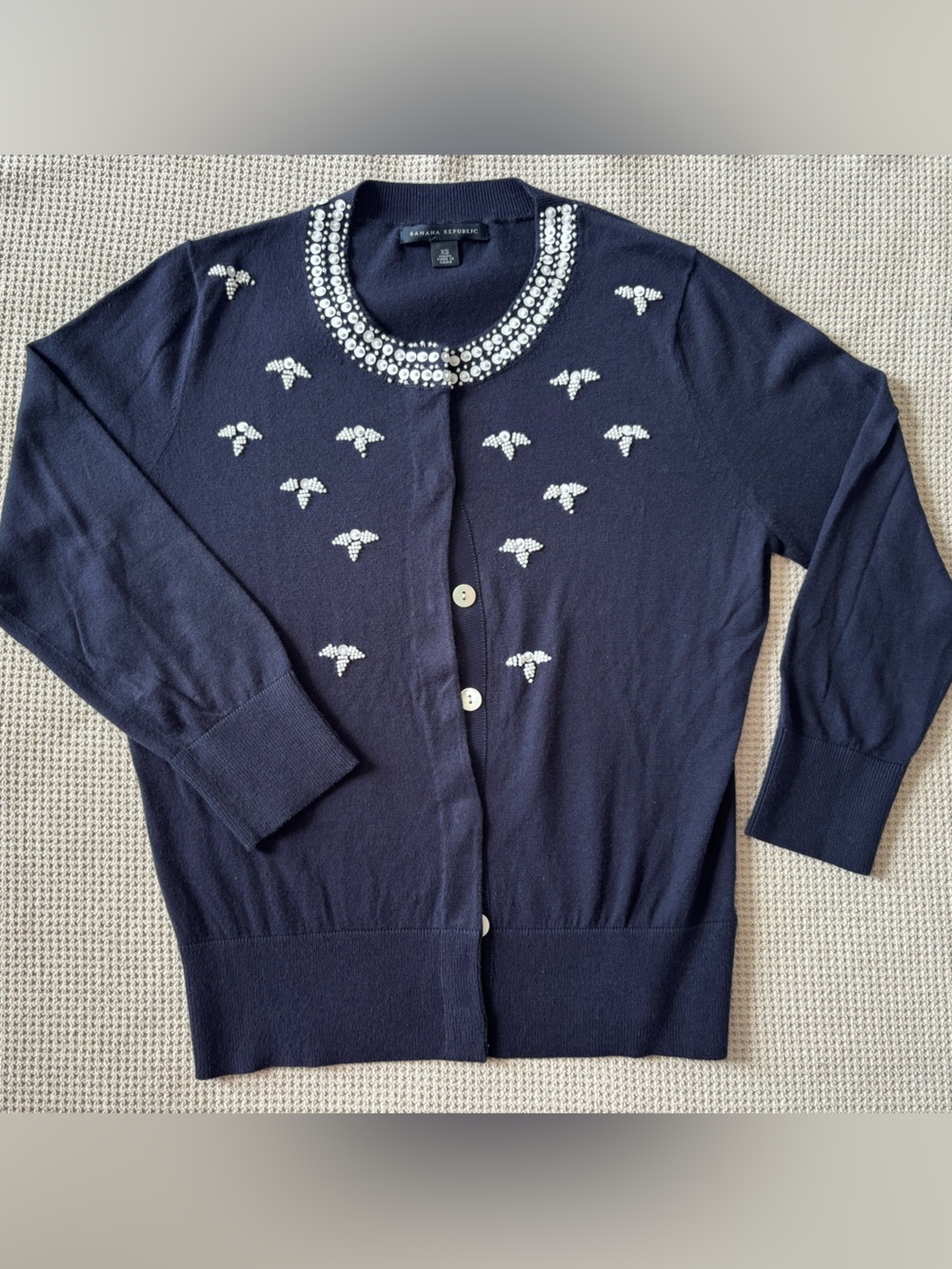 Banana Republic Navy Blue Embellished Jewel Neck Cotton Cardigan Sweater XS